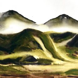 original watercolor painting, yellowstone park, mountain landscape, 11 by 14 inches