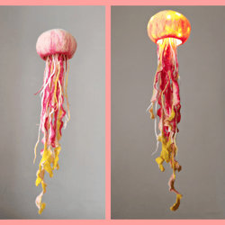 Jellyfish lamp warm light batteries power , pink and yellow hanging jellyfish , big felted jellyfish 15 cm