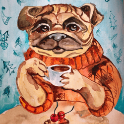 dog art watercolor original painting pet portrait pug painting