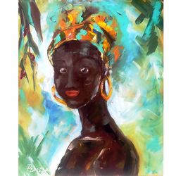 African Painting Woman Original Art African American Oil Painting Flowers Impasto Artwork  12 by 10
