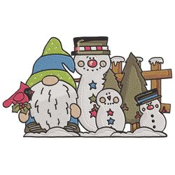 winter gnome with snowmen embroidery machine design