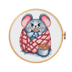 Mouse in a blanket with cookies and tea for cross stitch pattern
