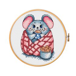 mouse in a blanket with cookies and tea for cross stitch pattern