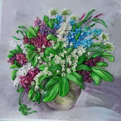The painting "An expensive bouquet of lilacs, lilies of the valley and forget-me-nots" is embroidered with silk ribbons