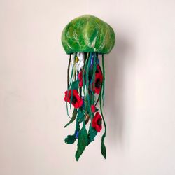 Felted hanging green jellyfish with poppies , big realistic jellyfish for lovers of ocean , 14 cm diameter of dome