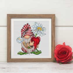 Cutie gnome cross stitch pattern PDF, Valentine's Day Gnome, love cross stitch, gnome in love, valentine cross stitch