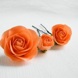 Orange roses hair pins Flowers bridal hair piece Wedding floral hair clip