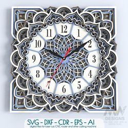 wall clock for laser cut, mandala clock dxf pattern, 3d clock svg dxf, layered clock, laser cut clock template - c11
