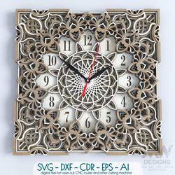 mandala clock dxf for laser cut, sacred clock, 3d clock svg dxf, layered clock, laser cut clock template - c13