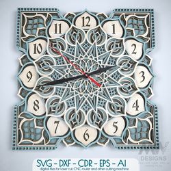 mandala clock dxf for laser cut, sacred clock svg, 3d clock svg dxf, layered yoga clock, laser cut clock template - c14