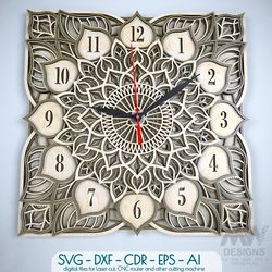 wall clock for laser cut, mandala clock dxf patter, 3d clock svg dxf, layered yoga clock, laser cut clock template - c15
