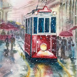 Tramway PAINTING Cityscape ORIGINAL Istanbul Winter City Snow Winter Tramway 12"x8" Christmas Gift Idea Home Wall Art