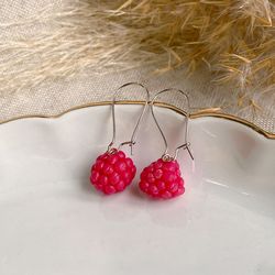 Pink raspberry earrings, Berries dangle earrings, Berry earrings