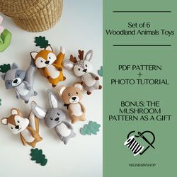 6 Woodland Felt Animals Pattern PDF, Felt Pattern Fox Deer Bear Hare Racoon, Felt Toys For 1 Year Old, Felt Sewing Patte