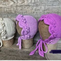 Knit Baby Bonnet , Baby Pixie Hat, Baby Bonnet with lace