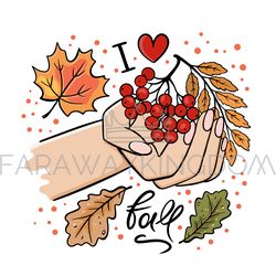 hand with rowan branch and autumn leaves vector illustration