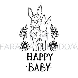 HAPPY BABY KIDS Mothers Day Hare Cartoon Vector Illustration Set