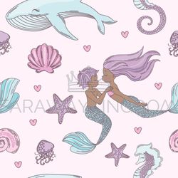 happy couple mermaid seamless pattern vector illustration