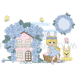 hare girl summer holiday cartoon vector illustration set