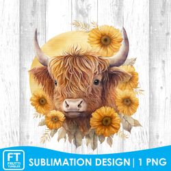 Highland Cow Sublimation Design - Watercolor Sunflowers PNG