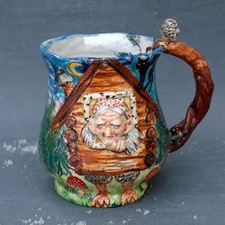 Baba Yaga Large handmade mug, hut on chicken legs Multicolored Art Mug Volumetric decor Embossed mug,forest witch fairy