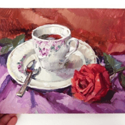 Tea Cup Painting Rose Original Art White Mug Kitchen Still Life Oil Art Work Morning Tea Wall Art 8 to 10 by Krasikova S