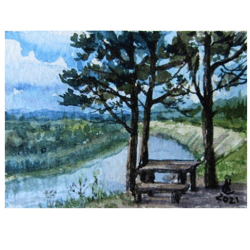 ACEO Pine Painting Original Pine Art Artwork River Watercolors Small Dollhouse Painting 2.5 x 3.5 by Svetlana Krasikova