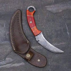 damascus steel karambat, hunting knife with sheath, fixed blade camping knife, handmade knives, gifts for men, gift him.