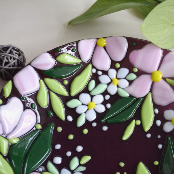Fused glass plate with forget-me-nots - Fused glass art - Dessert plates with flowers