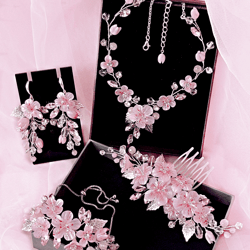 Cherry blossom bridal jewelry set, Pink sakura bridal accessories, Blush flower wedding jewelry set