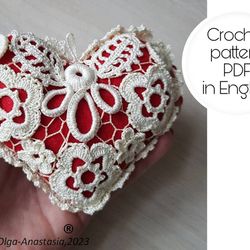 Pillow for needles heart with Irish lace crochet pattern , crochet flower pattern .