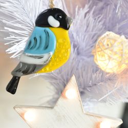 Bird tit christmas gift fused glass suncatcher - christmas tree toys - window glass suncatcher - fused glass ornaments