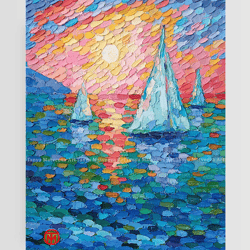 Sailboat Painting Impasto Original Art Nautical Abstract Seascape Painting On Canvas Art Ocean 20"x 16" By Colibri Art