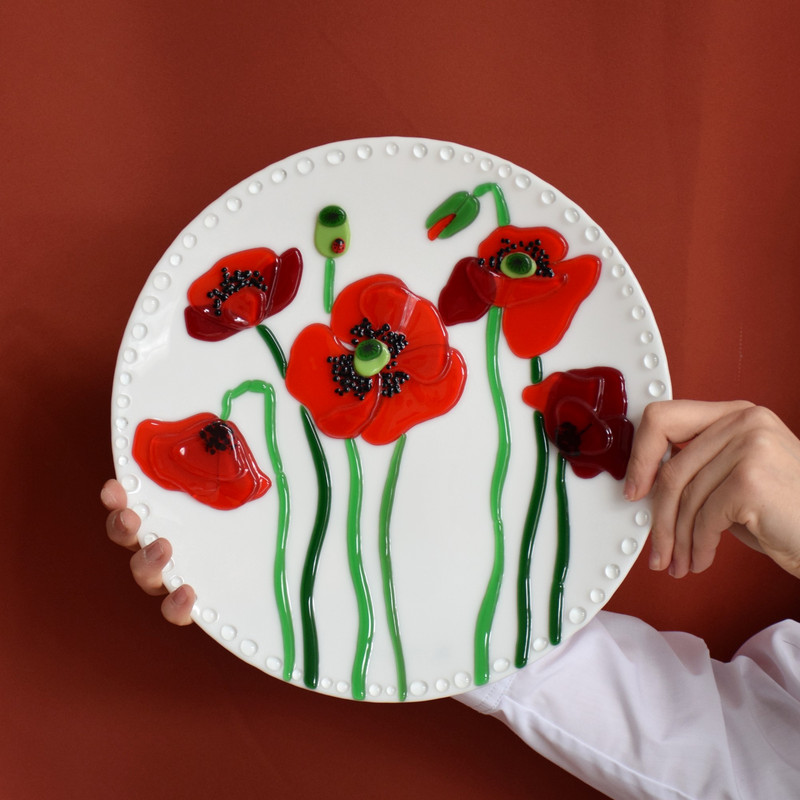 Glass plate with Poppy - Fused glass home decor - Glass dish with red Poppy - Decorative plates with flowers