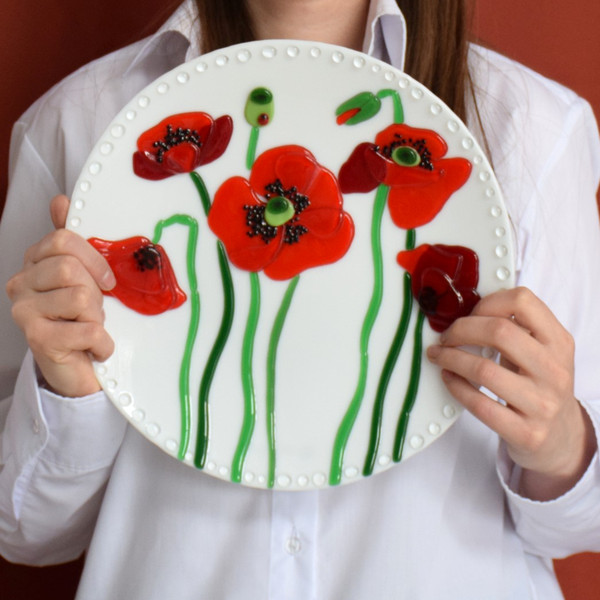 Glass plate with Poppy - Fused glass home decor - Glass dish with red Poppy - Decorative plates with flowers