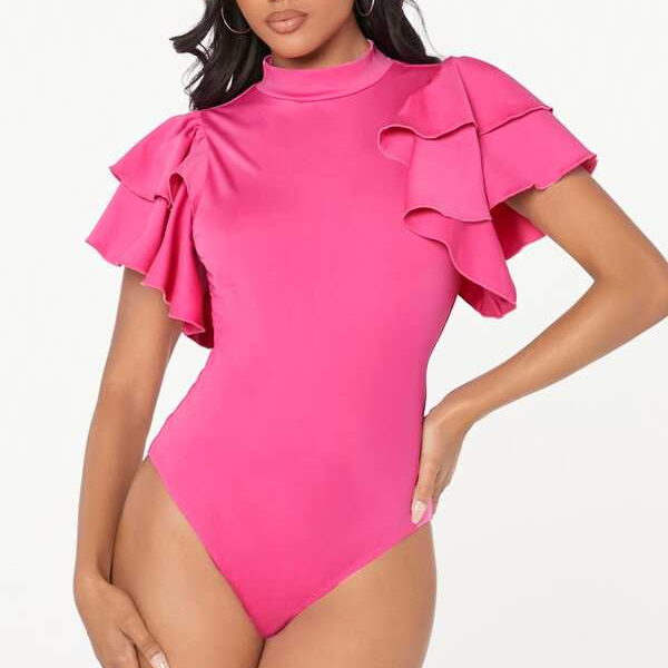Layered Exaggerate Ruffle Trim Mock Neck Short Sleeve Skinny Bodysuit Top Tee Blouse Pink (1).jpg