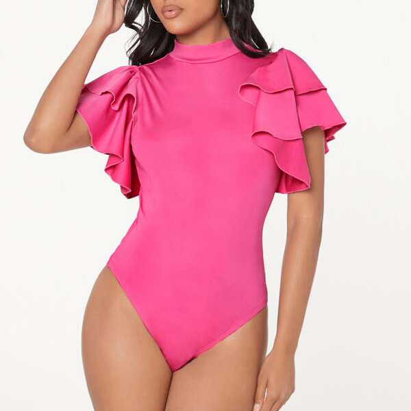 Layered Exaggerate Ruffle Trim Mock Neck Short Sleeve Skinny Bodysuit Top Tee Blouse Pink (4).jpg