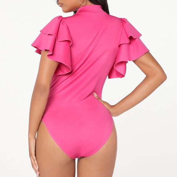 Layered Exaggerate Ruffle Trim Mock Neck Short Sleeve Skinny Bodysuit Top Tee Blouse Pink (2).jpg