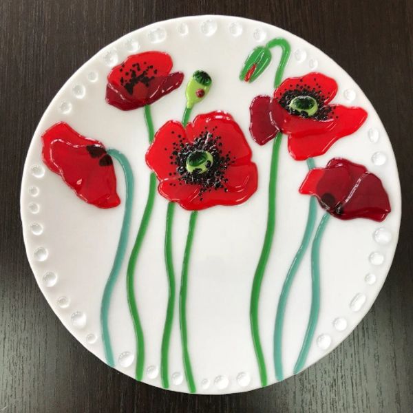 Glass plate with Poppy - Fused glass home decor - Glass dish with red Poppy - Decorative plates with flowers