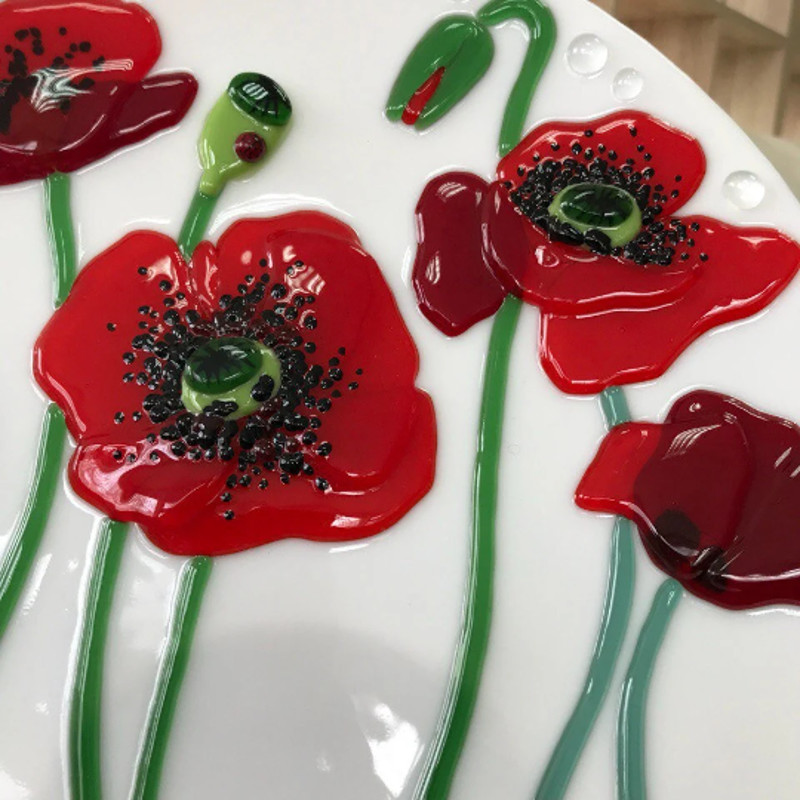 Glass plate with Poppy - Fused glass home decor - Glass dish with red Poppy - Decorative plates with flowers