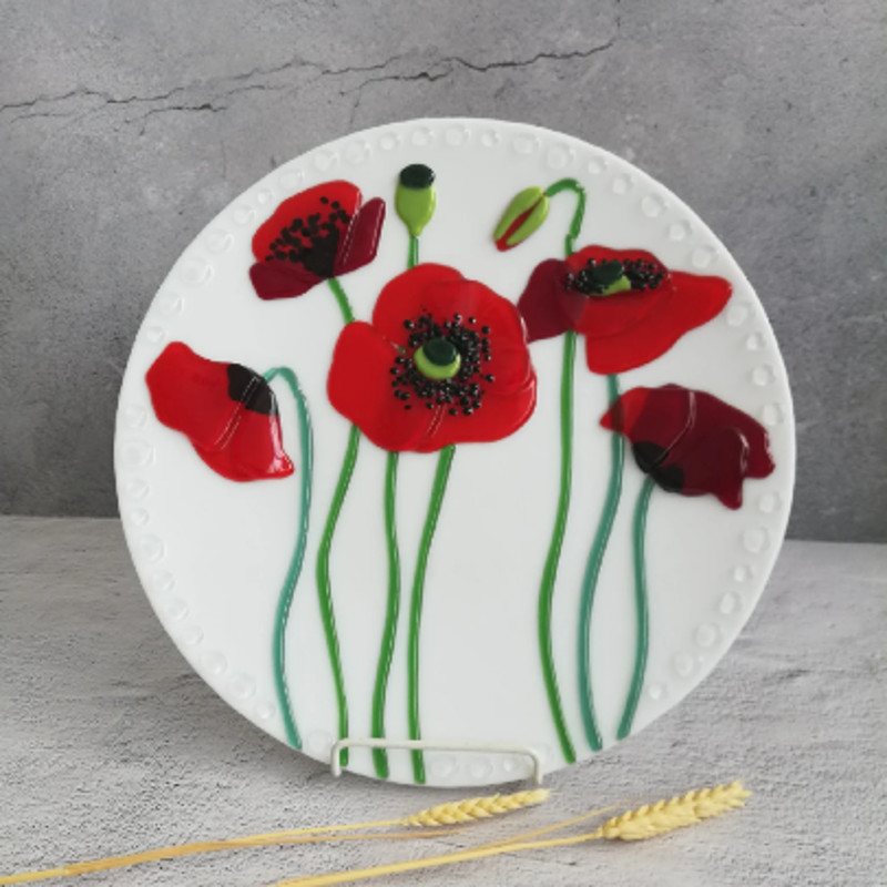 Glass plate with Poppy - Fused glass home decor - Glass dish with red Poppy - Decorative plates with flowers
