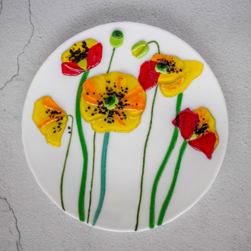 Glass plate with Poppy - Fused glass home decor - Glass dish with red Poppy - Decorative plates with flowers