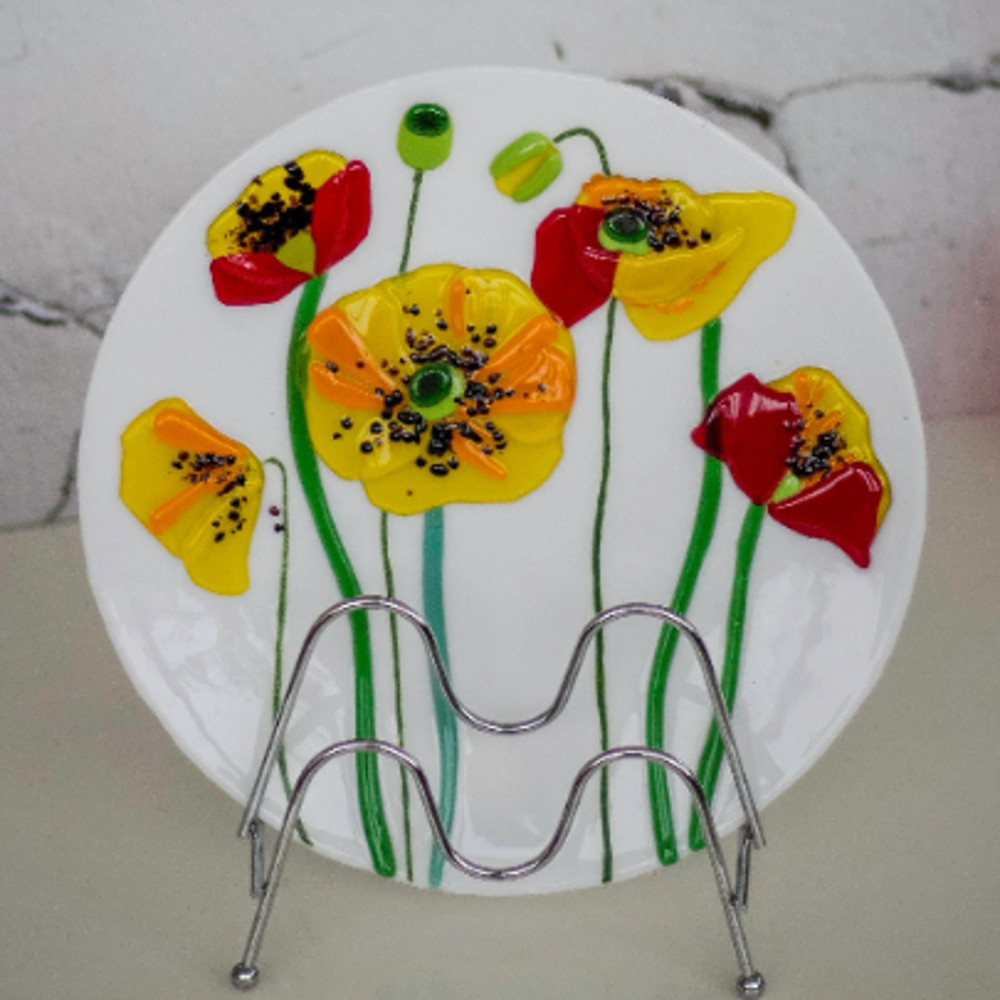 Glass plate with Poppy - Fused glass home decor - Glass dish with red Poppy - Decorative plates with flowers