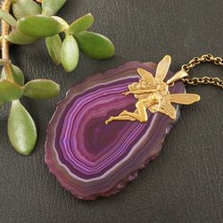 Purple Agate Slice Necklace Gold Brass Fairy Necklace Violet Lavender Agate Slab Stone Pendant Necklace Jewelry 5987