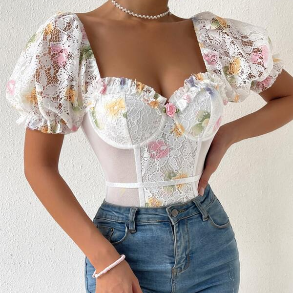 Floral Lace Sweetheart Neck Puff Sleeve Backless Skinny Bodysuit Top Tee Blouse (3).jpg