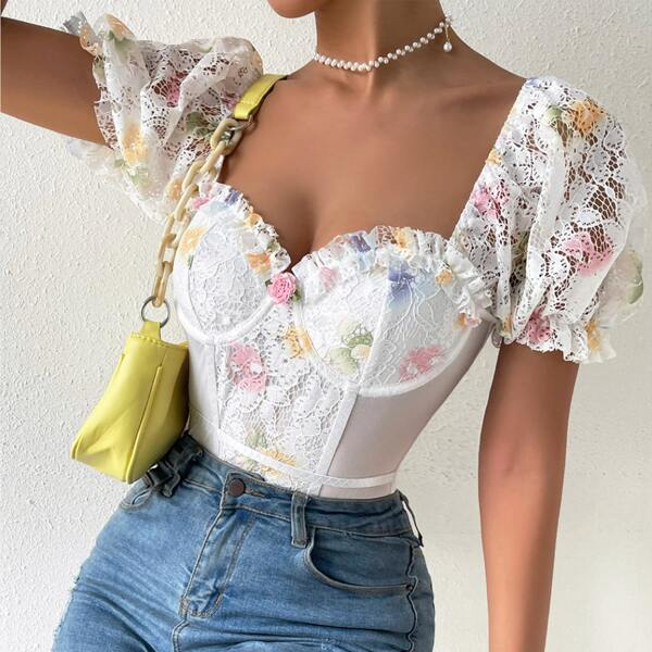 Floral Lace Sweetheart Neck Puff Sleeve Backless Skinny Bodysuit Top Tee Blouse (4).jpg