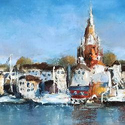 original oil painting, landscape "city", impressionism, small oil artwork.