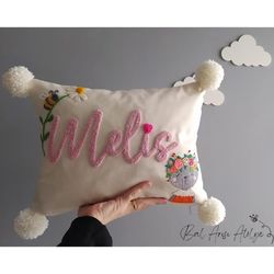 Personalized Baby Name Pillow, Cat Punch Needle Custom Name Pillow Case, Embroidery Cat Face, Floral Nursery Decor