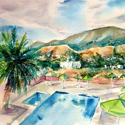 California Hills Painting Original Art Landscape Watercolor Swimming Pool Artwork