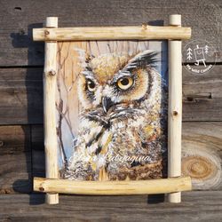 eagle owl unique painting on birch bark